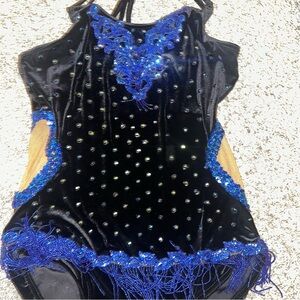 Woman's Ice Figure Skating Baton Twirling Dress Black/Blue Sequin Costume